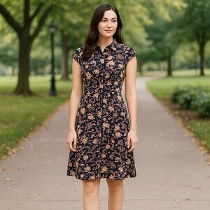 Vintage 90s Shirt Dress Asian Print Black Floral Cotton Size 9 Small